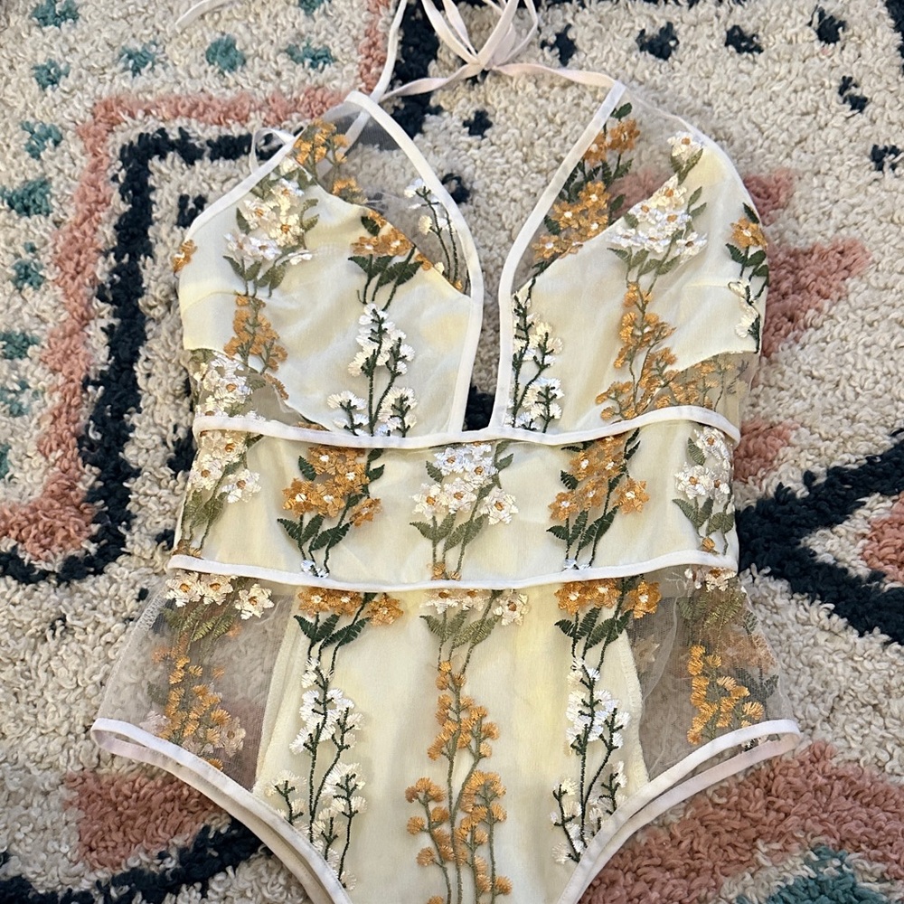 iHeartRaves Floral Embroidered Bodysuit - Yellow and White